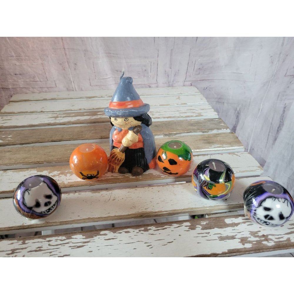 Witch candle skull pumpkin spider skull Halloween home decor vintage set of 6